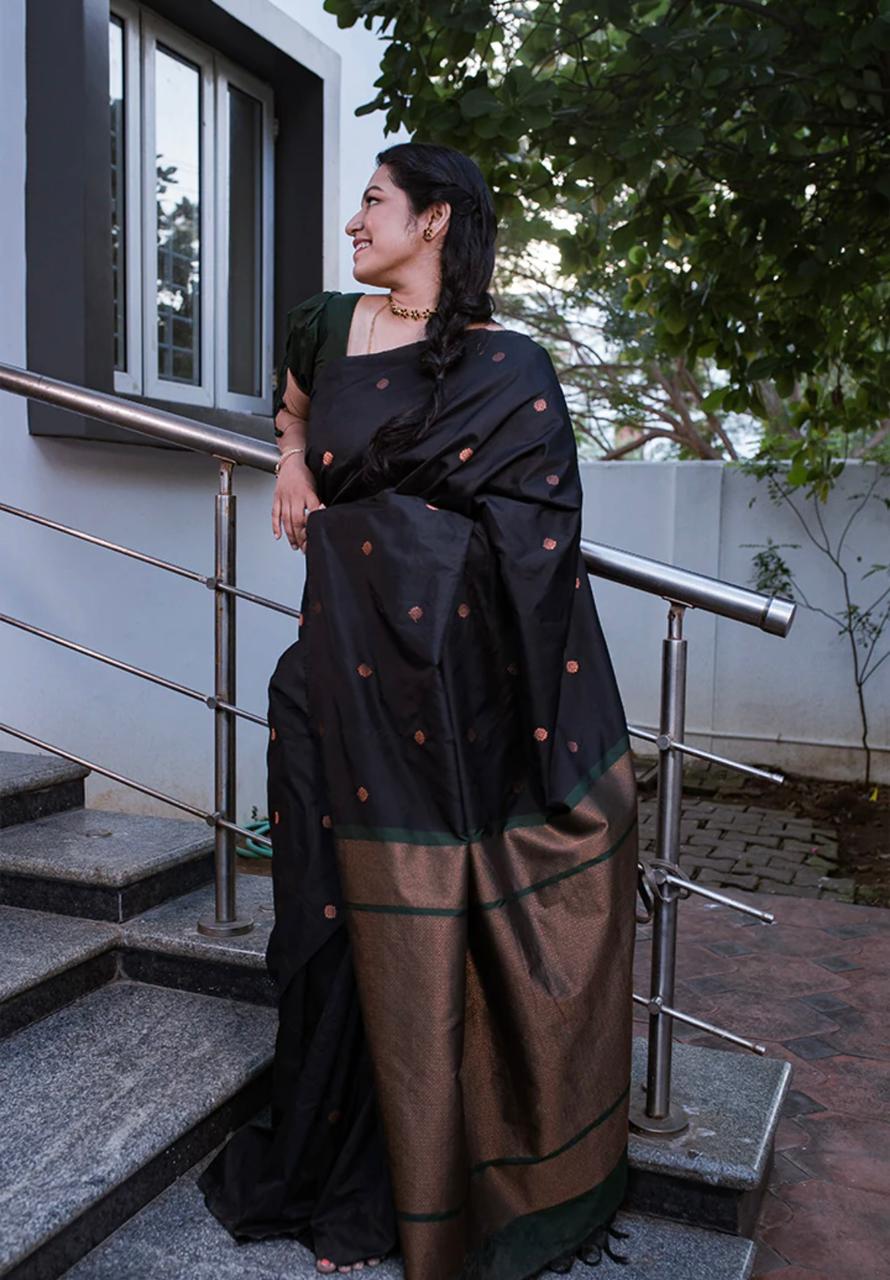 Liklee Stylish Black Soft Silk Saree with Unique Black Blouse Piece