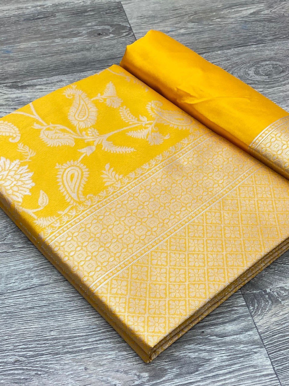 Liklee Yellow Lichi Silk Wedding Wear Banarasi Saree With Blouse