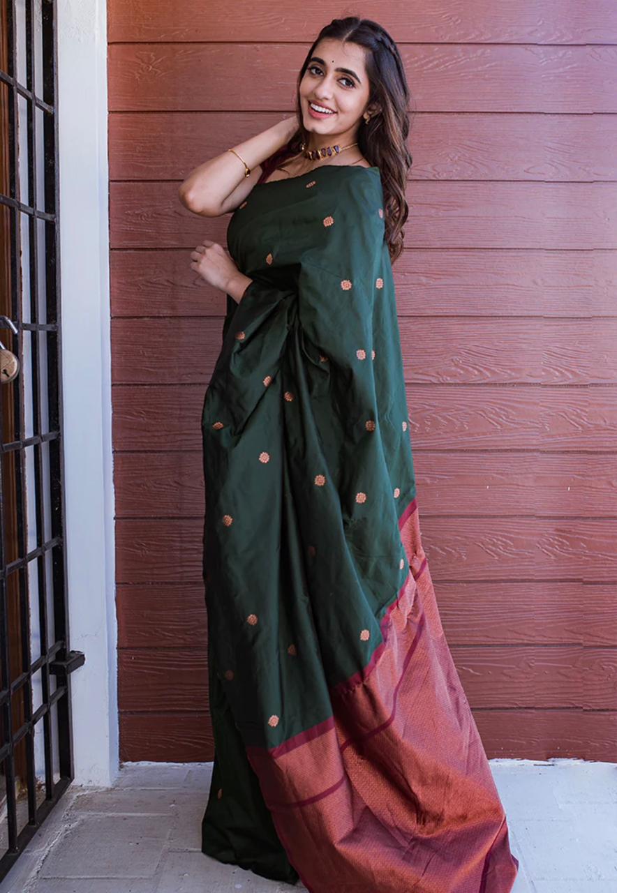 Liklee Green Banarasi Silk Saree With Dark Maroon Blouse Piece