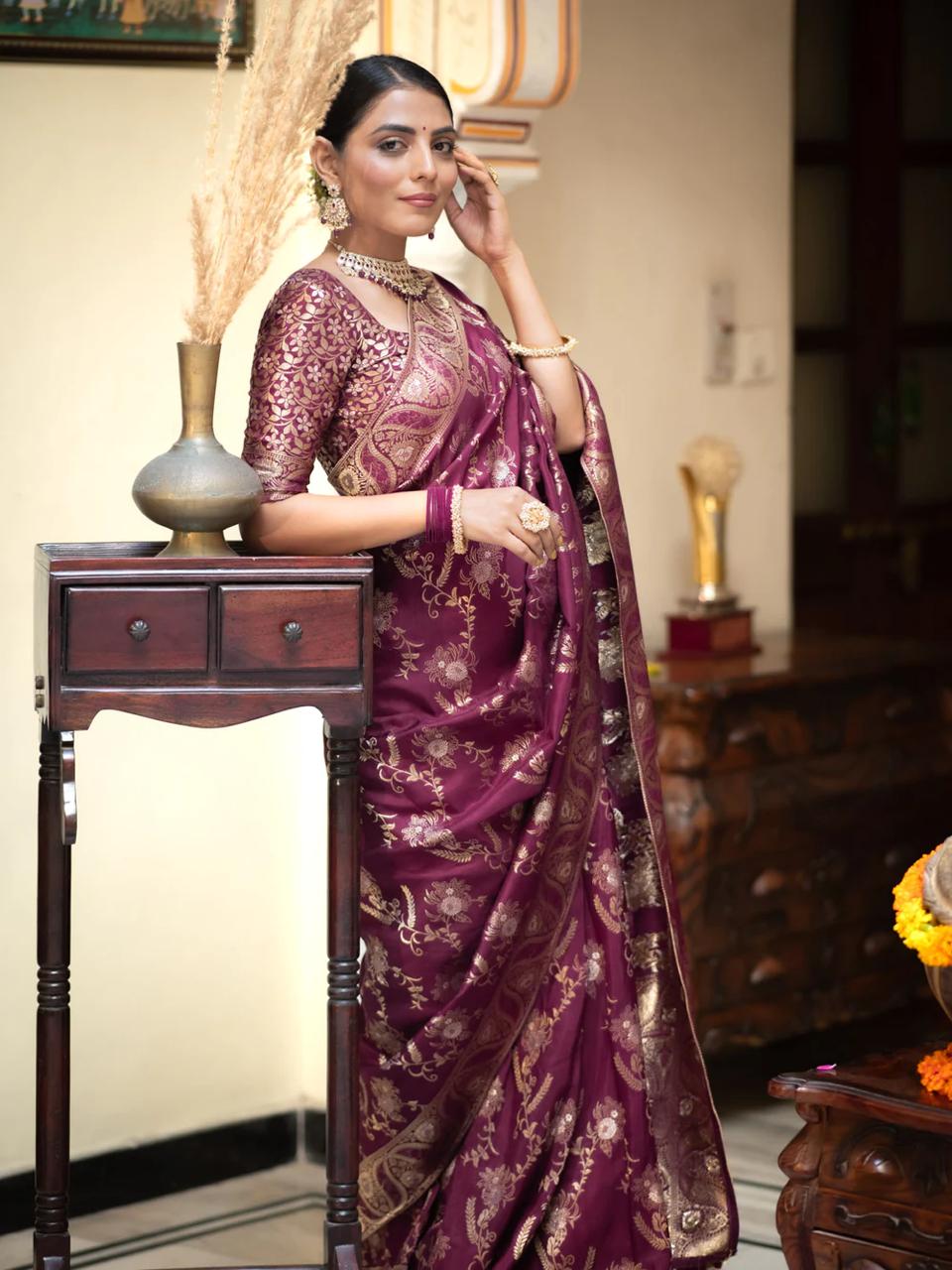 Liklee Flamboyant Wine Soft Silk Saree with Majesty Blouse Piece