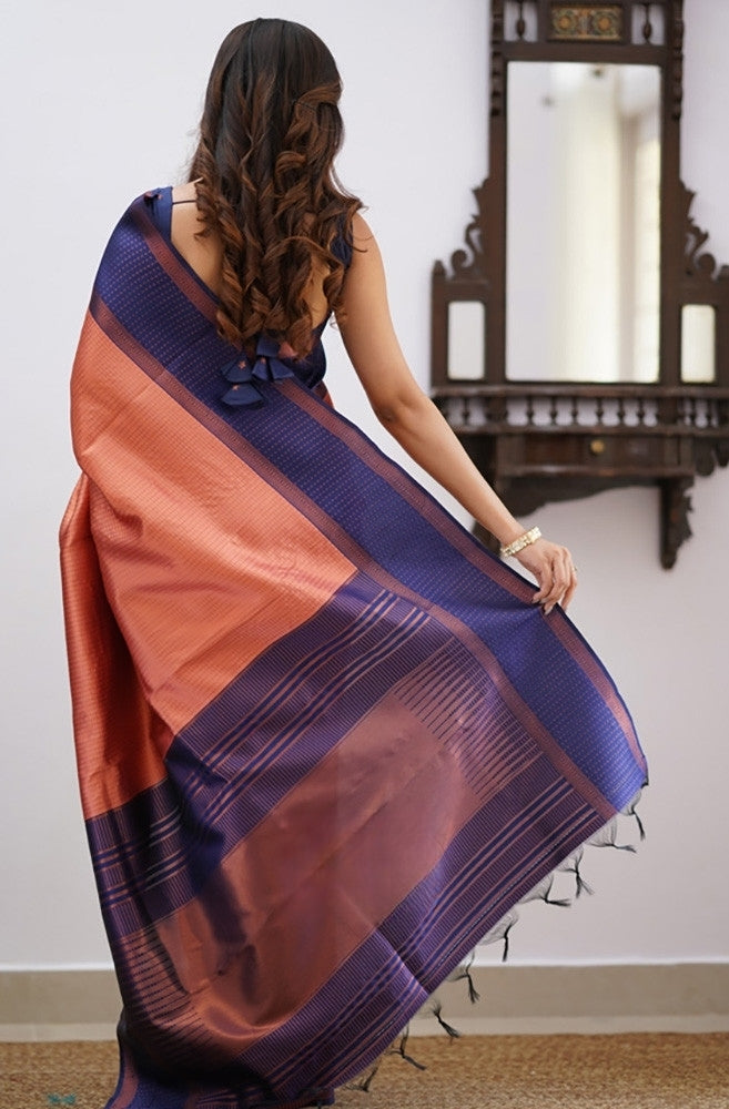 Liklee Orange Soft Banarasi Silk Saree with Unique Blouse Piece