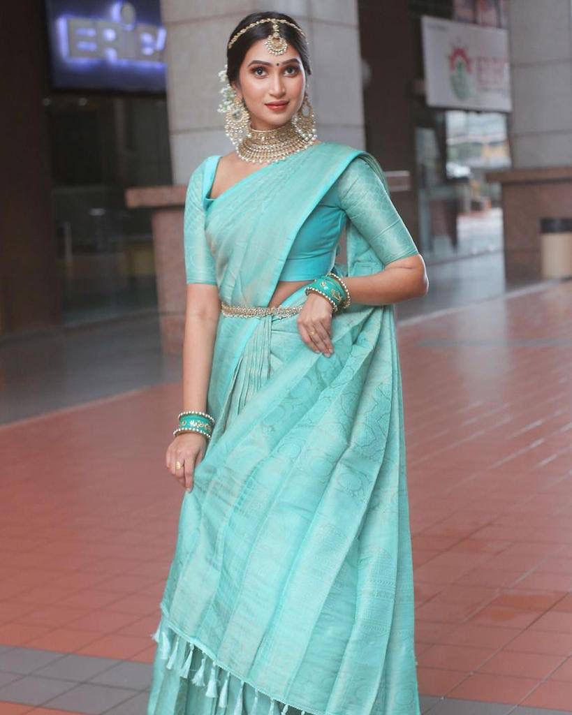 Liklee Festival Wear Sky Blue Soft Lichi Silk Saree With Heavy Border