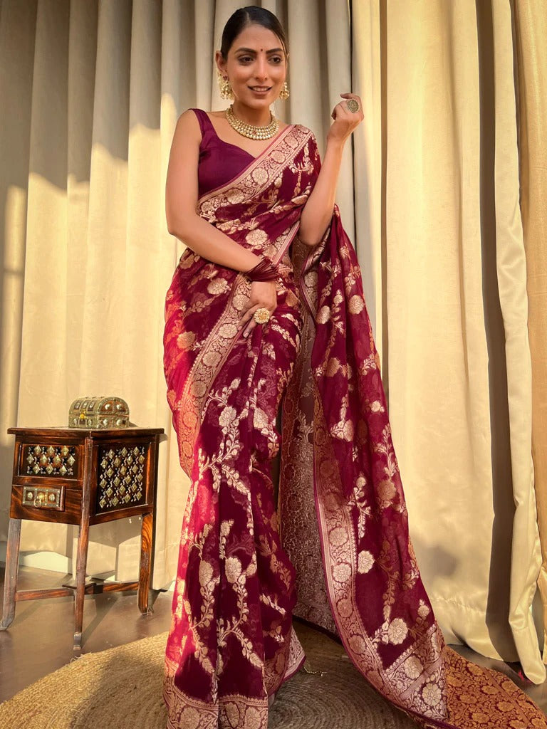 Liklee Maroon Luxurious Banarasi Weaves iconic collections Silk Saree