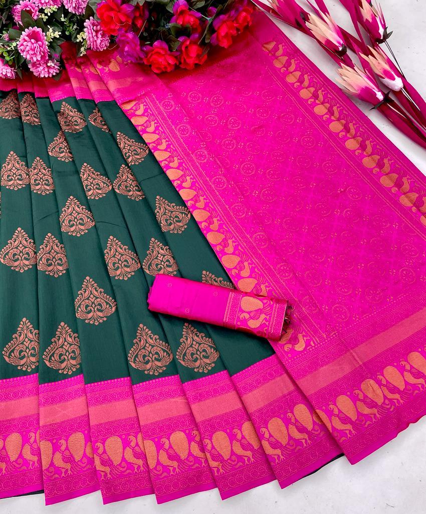 Liklee Lush Green Banarasi Silk Saree with Rich Blouse Piece