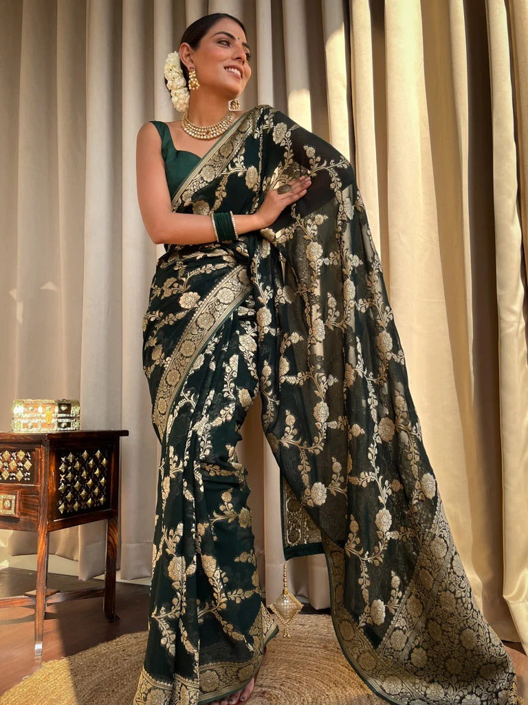 Liklee Green Luxurious Banarasi Weaves iconic collections Silk Saree