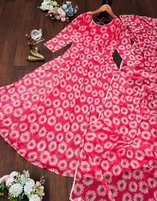 Women Georgette Flower Print Work Stitched Pink Kurta Set With Georgette Pink Dupatta