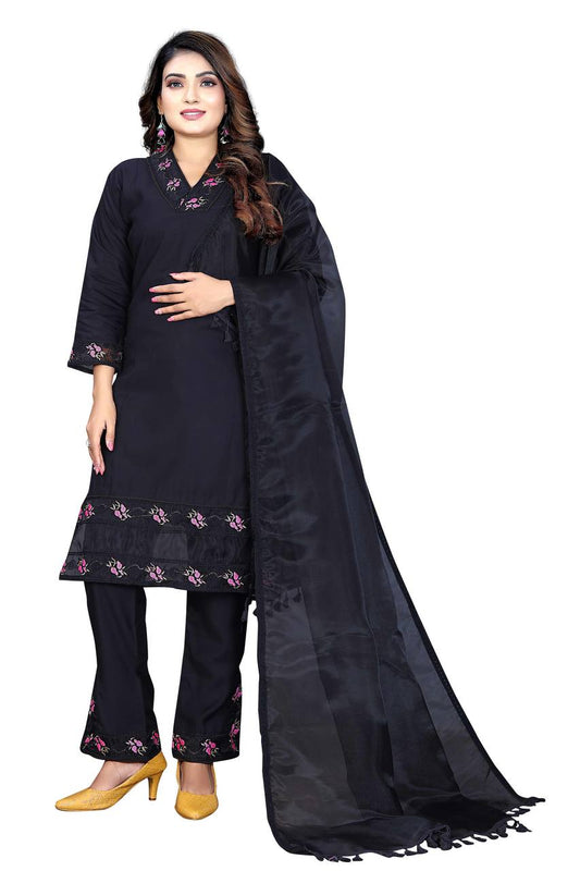 Women Chanderi Silk Embroidered Work Stitched Blue Kurta Set With Georgette Blue Dupatta