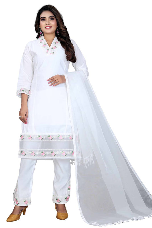 Women Chanderi Silk Embroidered Work Stitched Blue Kurta Set With Georgette White Dupatta