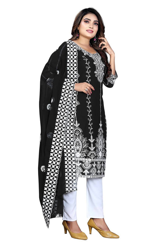 Chanderi Cotton Embroidered Work Stitched Black Kurta Set With Georgette Black Dupatta for Women