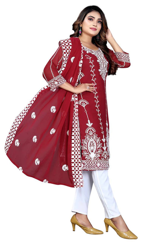 Women's Chanderi Cotton Embroidered Work Stitched Red Kurta Set With Georgette Red Dupatta