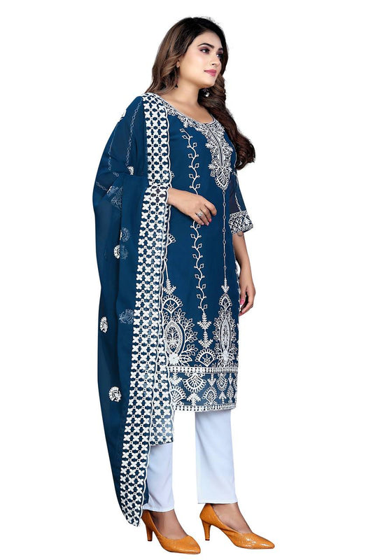 Women's Chanderi Cotton Embroidered Work Stitched Rama Kurta Set With Georgette Rama Dupatta