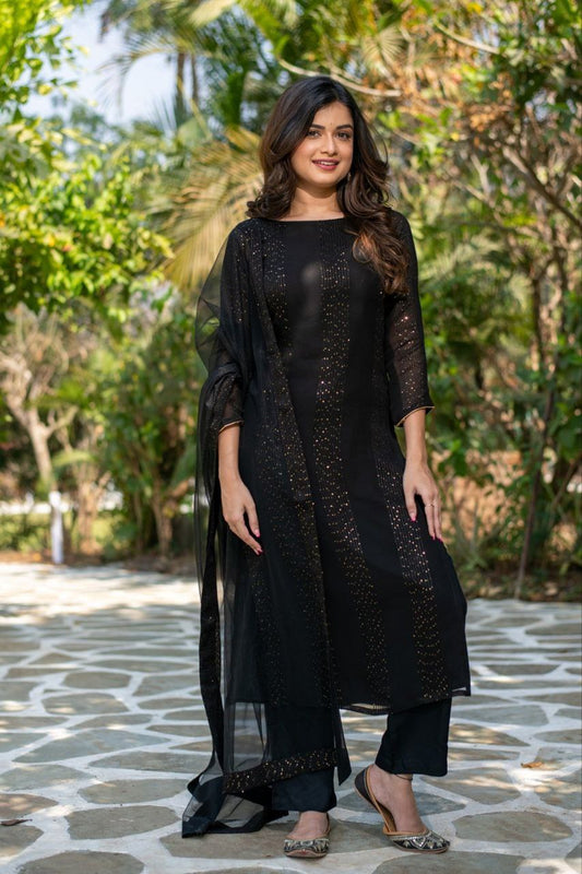 Women Georgette Embroidered Work Stitched Black Kurta Set With Georgette Black Dupatta