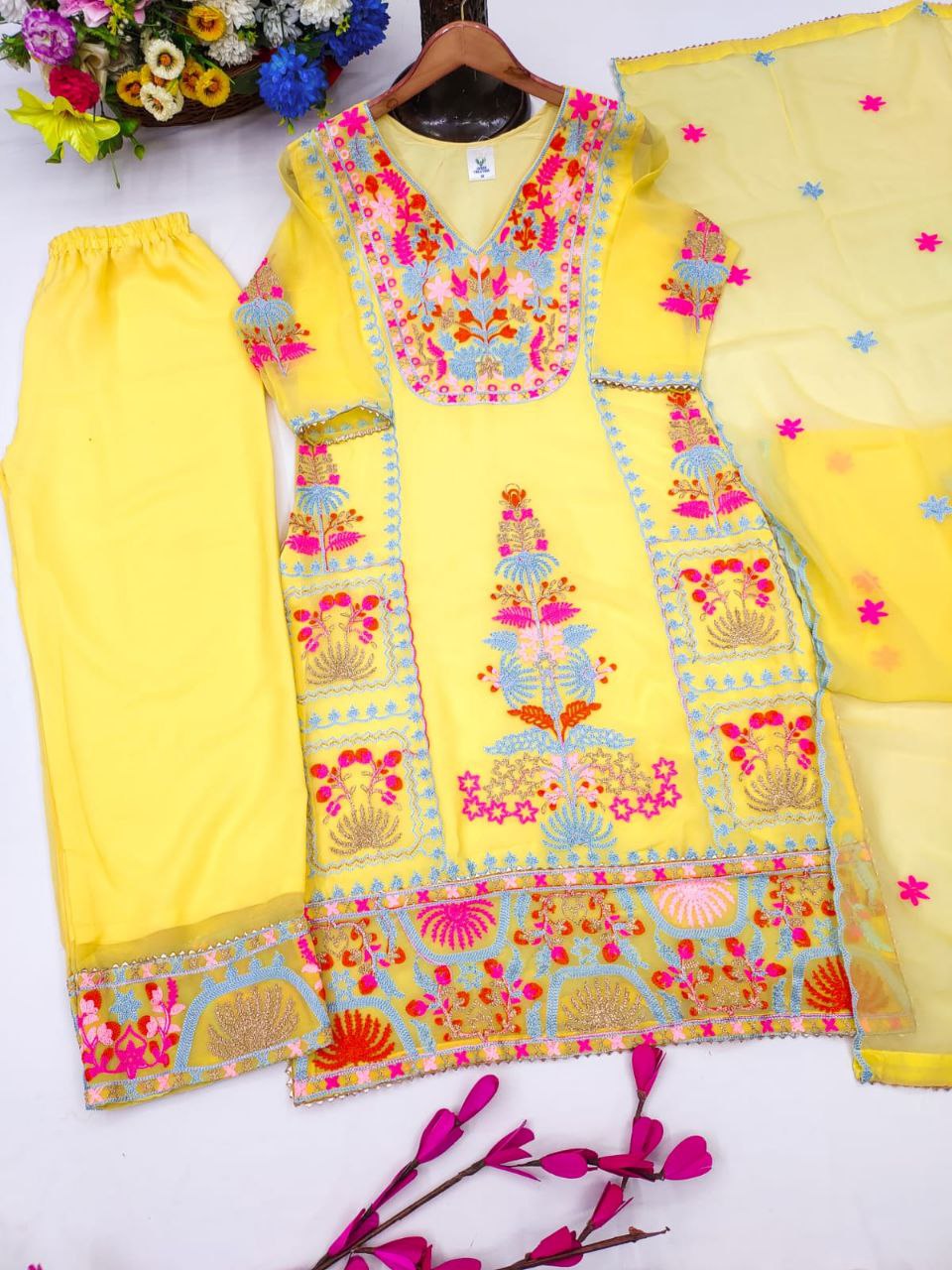 Women Georgette Embroidered Work Stitched Yellow Kurta Set With Georgette Yellow Dupatta