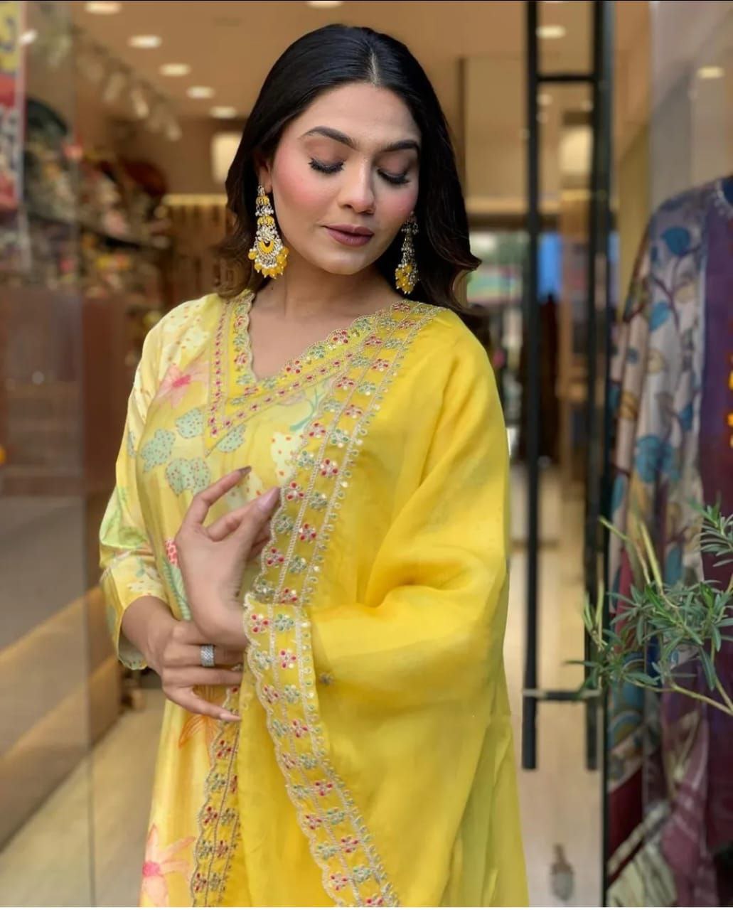 Women Georgette Print and Embrodery Work Stitched Lemon Kurta Set With Georgette Yellow Dupatta