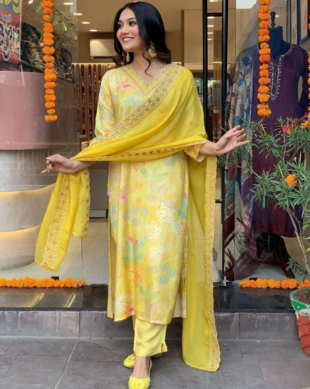 Women Georgette Print and Embrodery Work Stitched Lemon Kurta Set With Georgette Yellow Dupatta