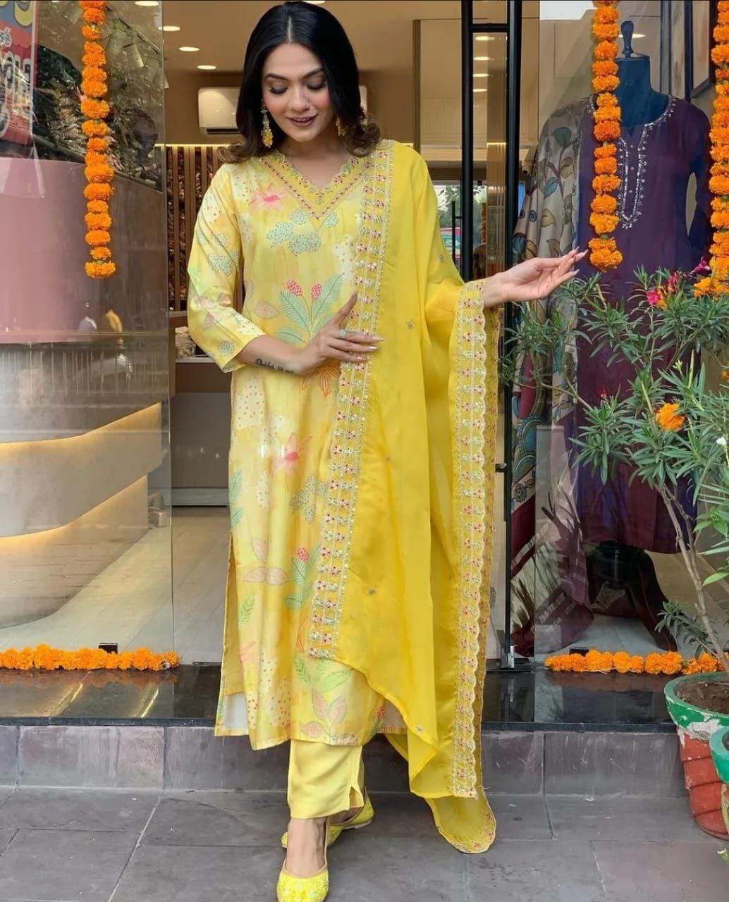 Women Georgette Print and Embrodery Work Stitched Lemon Kurta Set With Georgette Yellow Dupatta