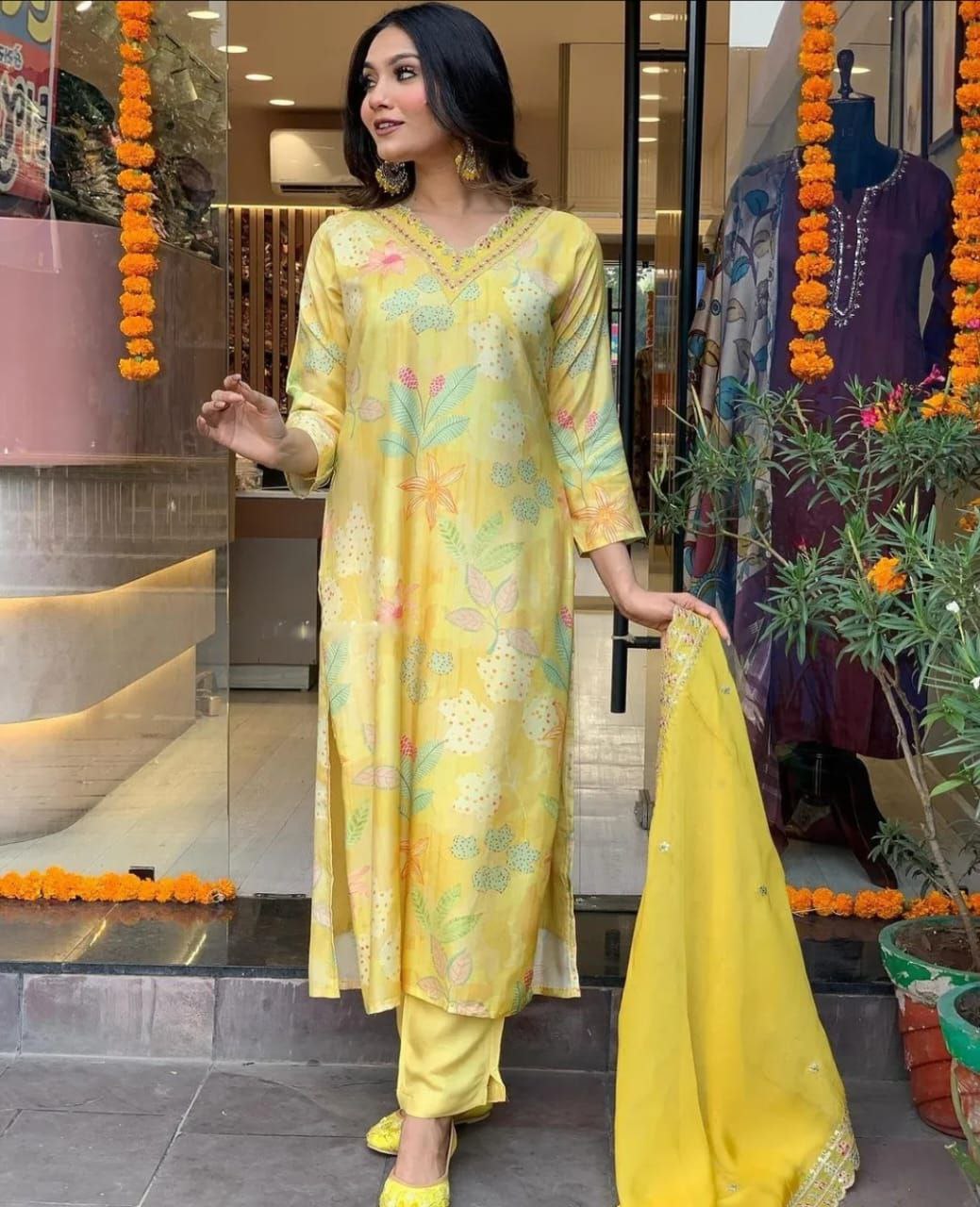 Women Georgette Print and Embrodery Work Stitched Lemon Kurta Set With Georgette Yellow Dupatta