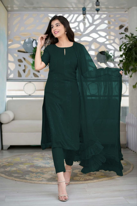 Women Georgette Sequence Work Stitched Green Kurta Set With Georgette Green Dupatta