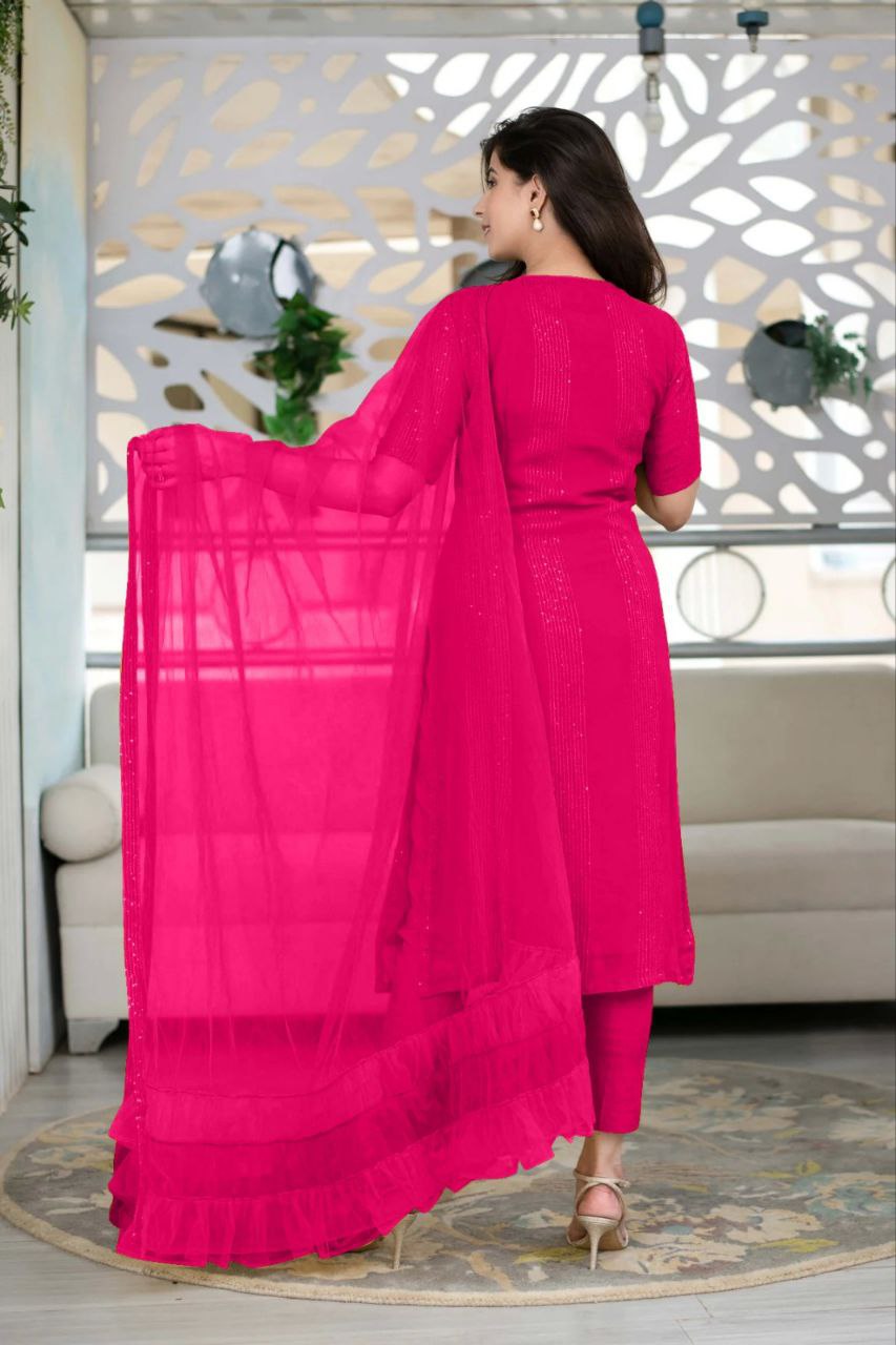 Women Georgette Sequence Work Stitched Pink Kurta Set With Georgette Pink Dupatta