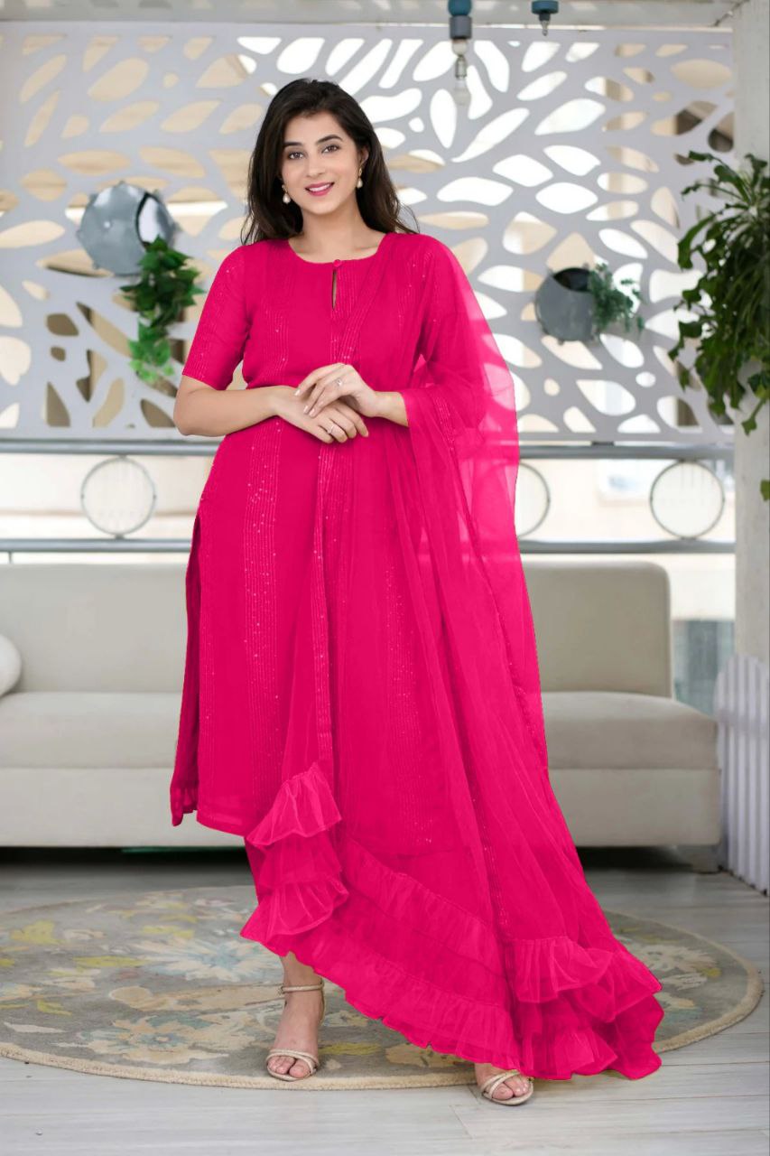 Women Georgette Sequence Work Stitched Pink Kurta Set With Georgette Pink Dupatta