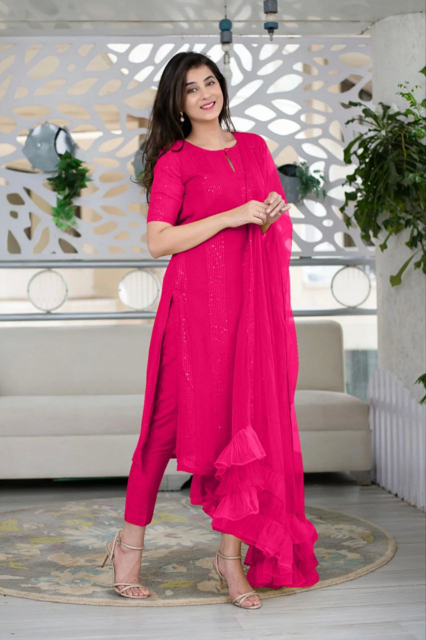 Women Georgette Sequence Work Stitched Pink Kurta Set With Georgette Pink Dupatta