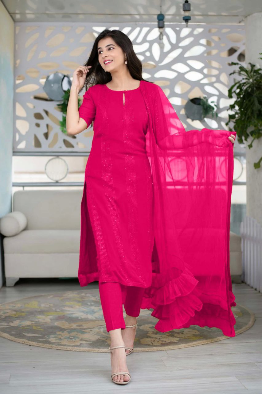 Women Georgette Sequence Work Stitched Pink Kurta Set With Georgette Pink Dupatta