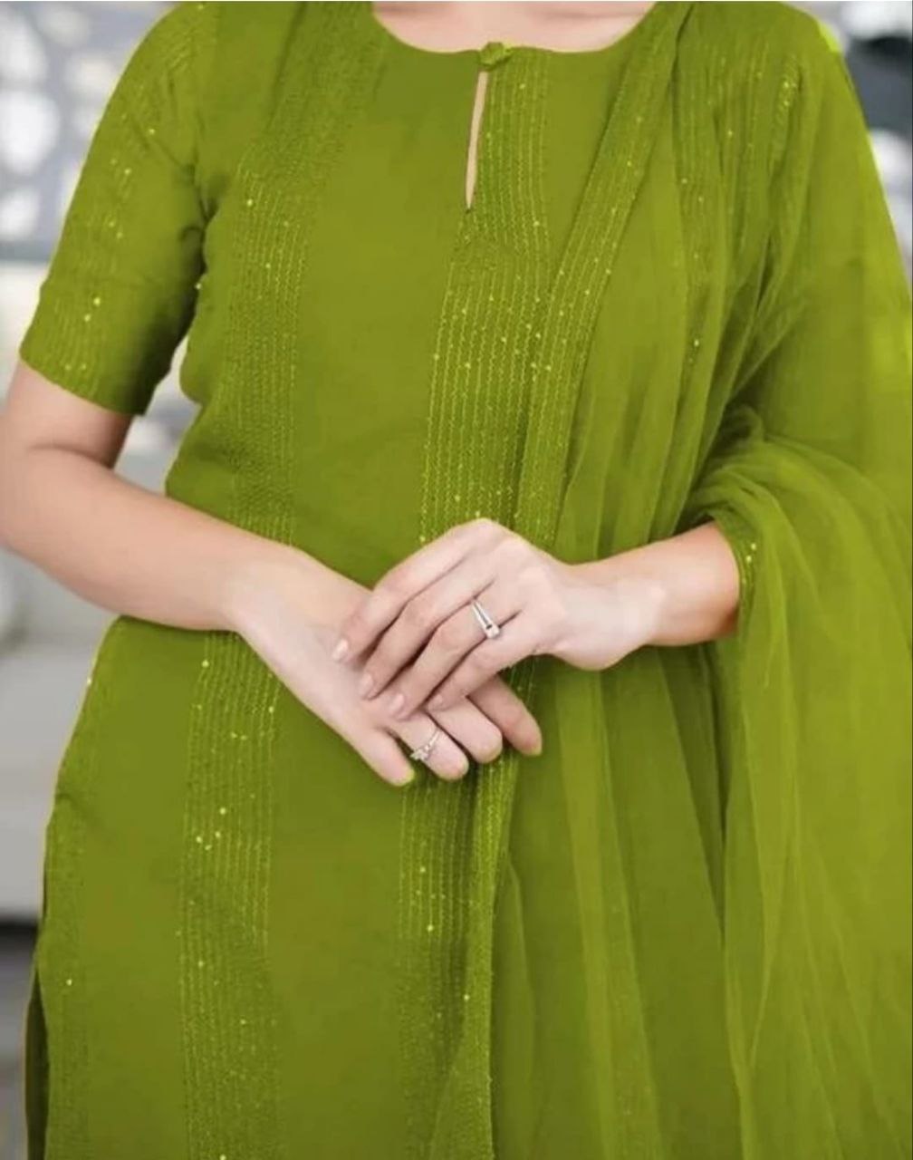 Women Georgette Sequence Work Stitched Light Green Kurta Set With Georgette Light Green Dupatta