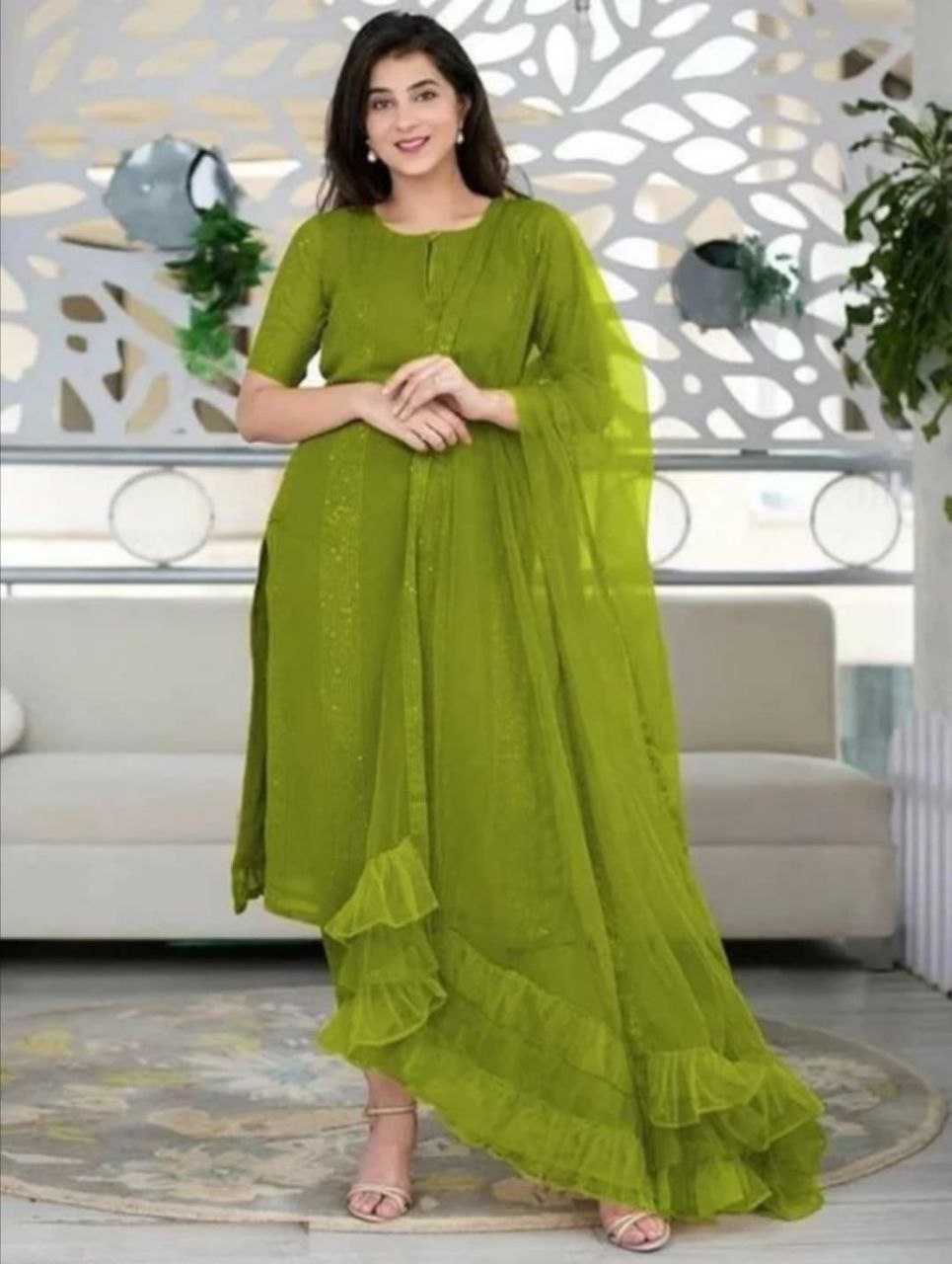 Women Georgette Sequence Work Stitched Light Green Kurta Set With Georgette Light Green Dupatta