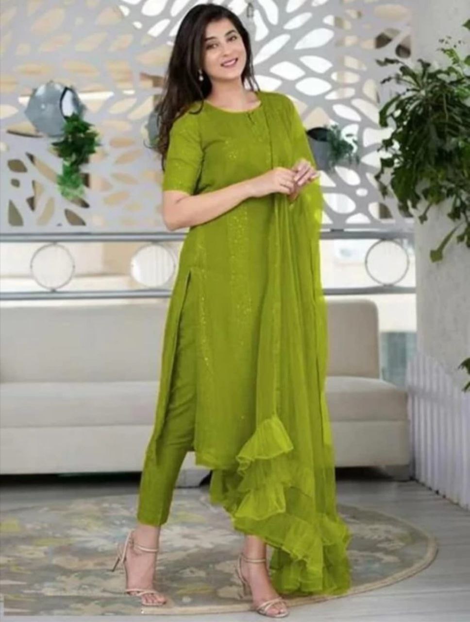 Women Georgette Sequence Work Stitched Light Green Kurta Set With Georgette Light Green Dupatta