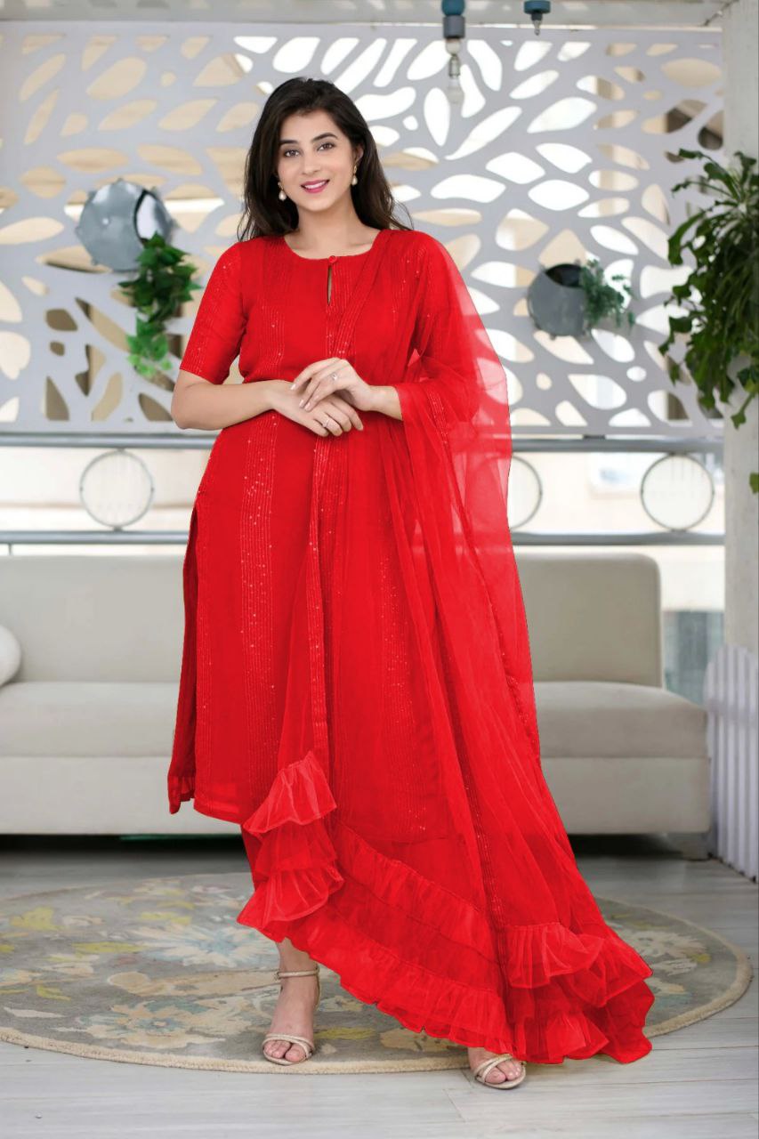 Women Georgette Sequence Work Stitched Red Kurta Set With Georgette Red Dupatta