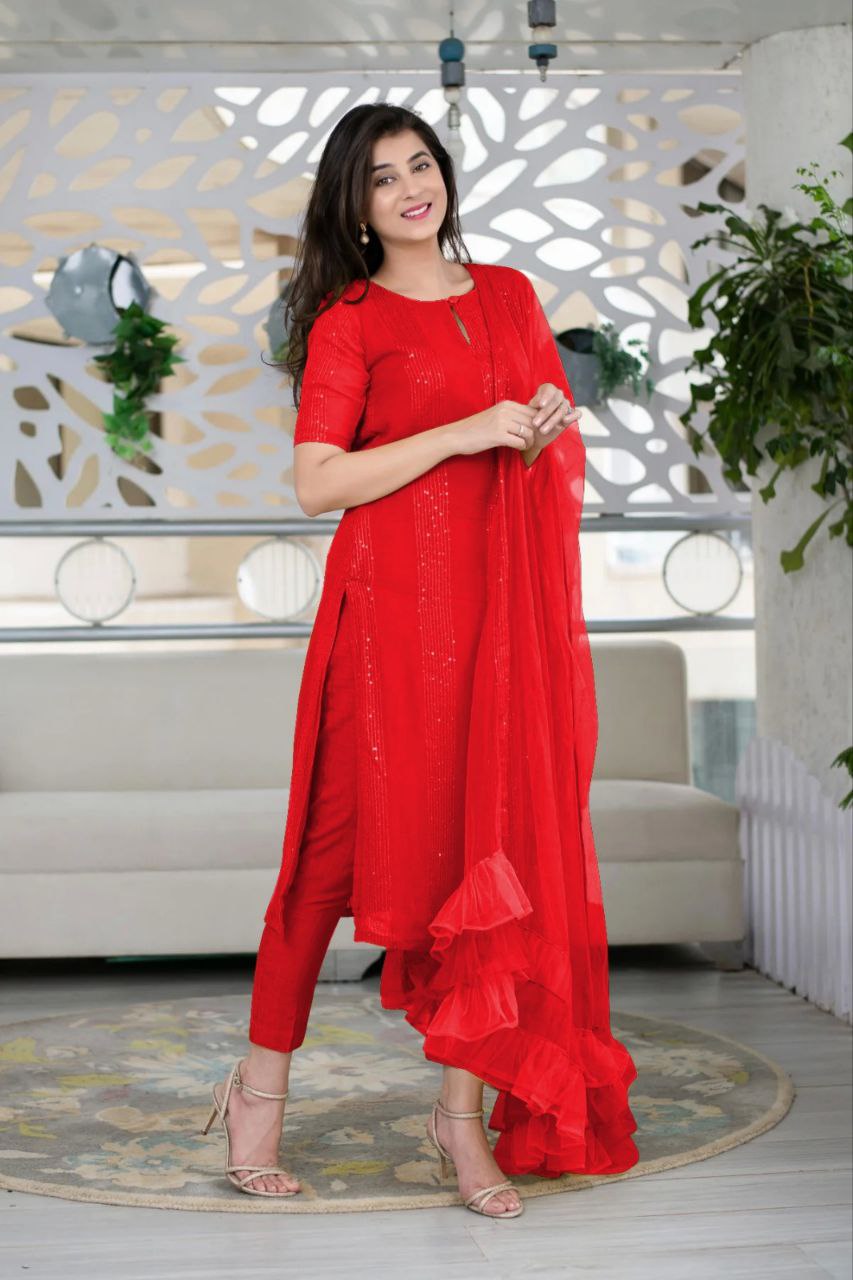 Women Georgette Sequence Work Stitched Red Kurta Set With Georgette Red Dupatta