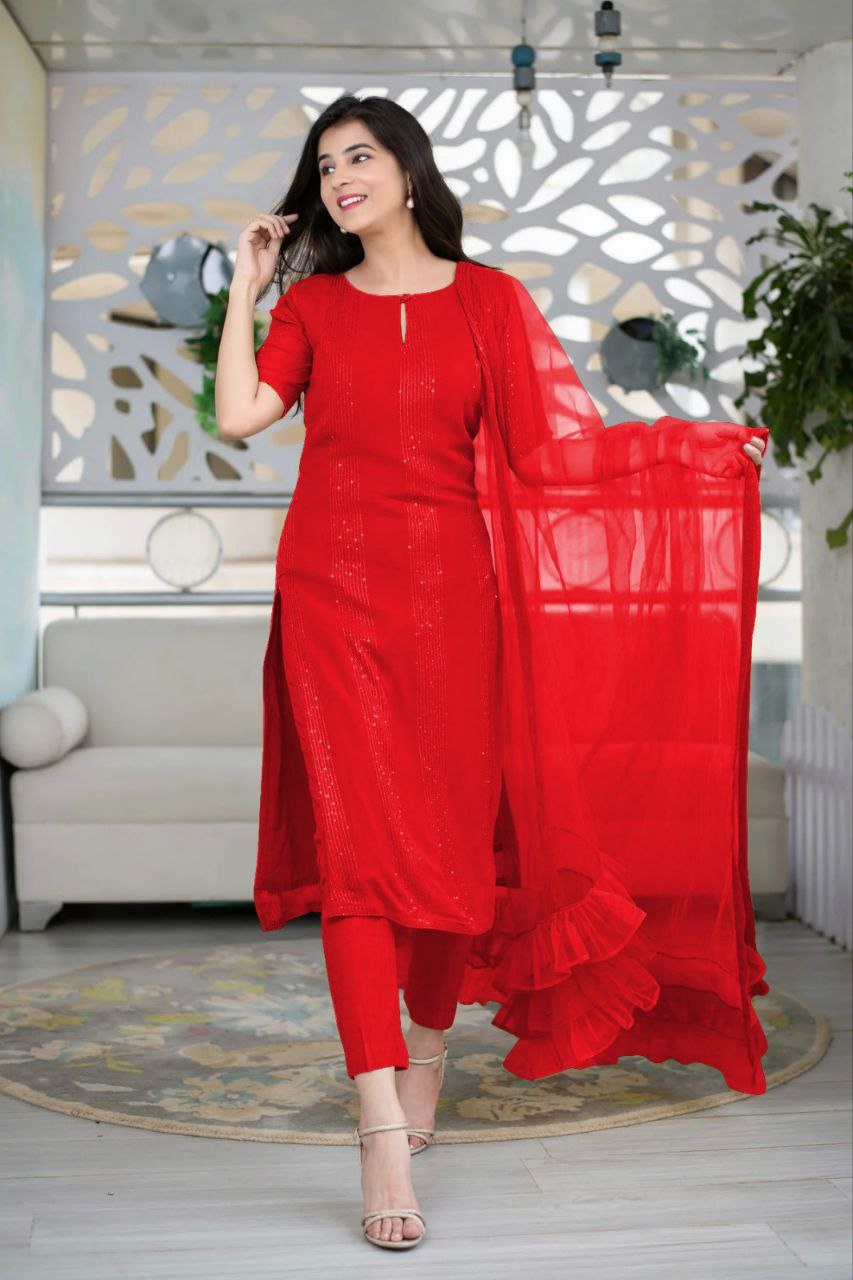 Women Georgette Sequence Work Stitched Red Kurta Set With Georgette Red Dupatta