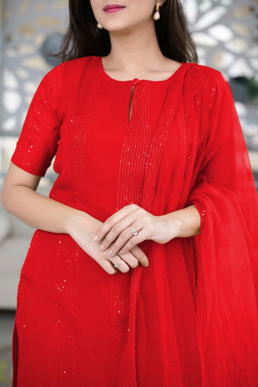 Women Georgette Sequence Work Stitched Red Kurta Set With Georgette Red Dupatta