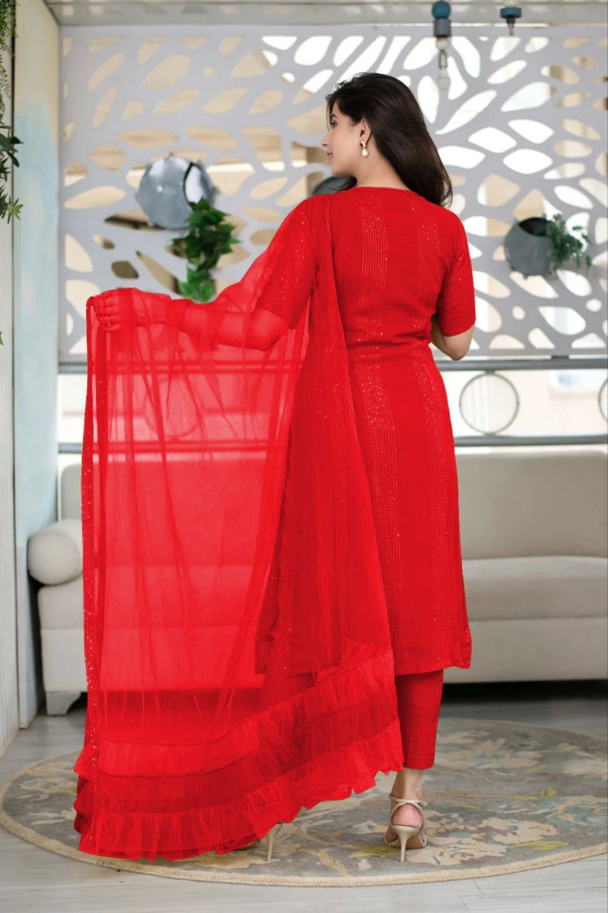 Women Georgette Sequence Work Stitched Red Kurta Set With Georgette Red Dupatta