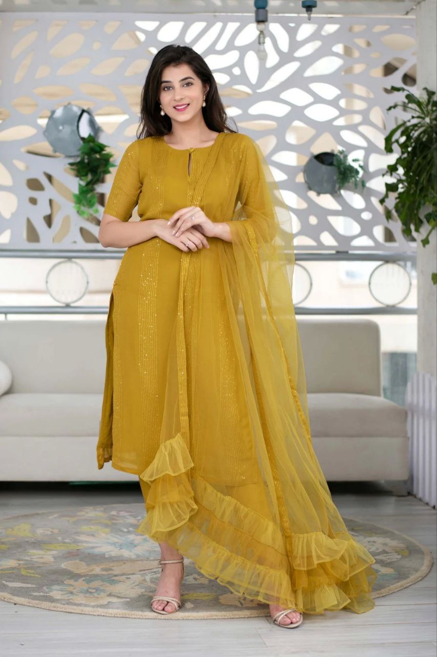 Women Georgette Sequence Work Stitched Yellow Kurta Set With Georgette Yellow Dupatta