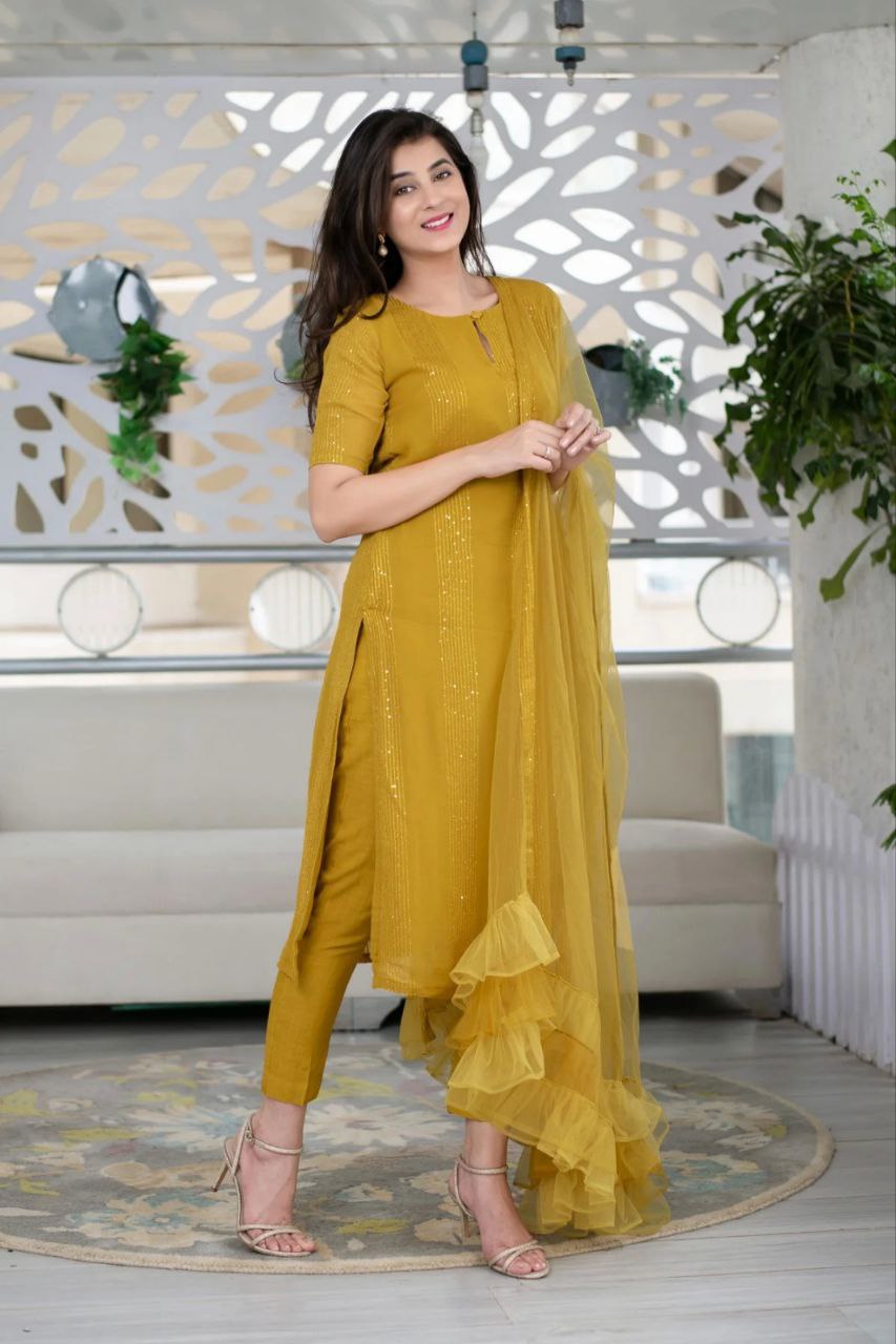 Women Georgette Sequence Work Stitched Yellow Kurta Set With Georgette Yellow Dupatta