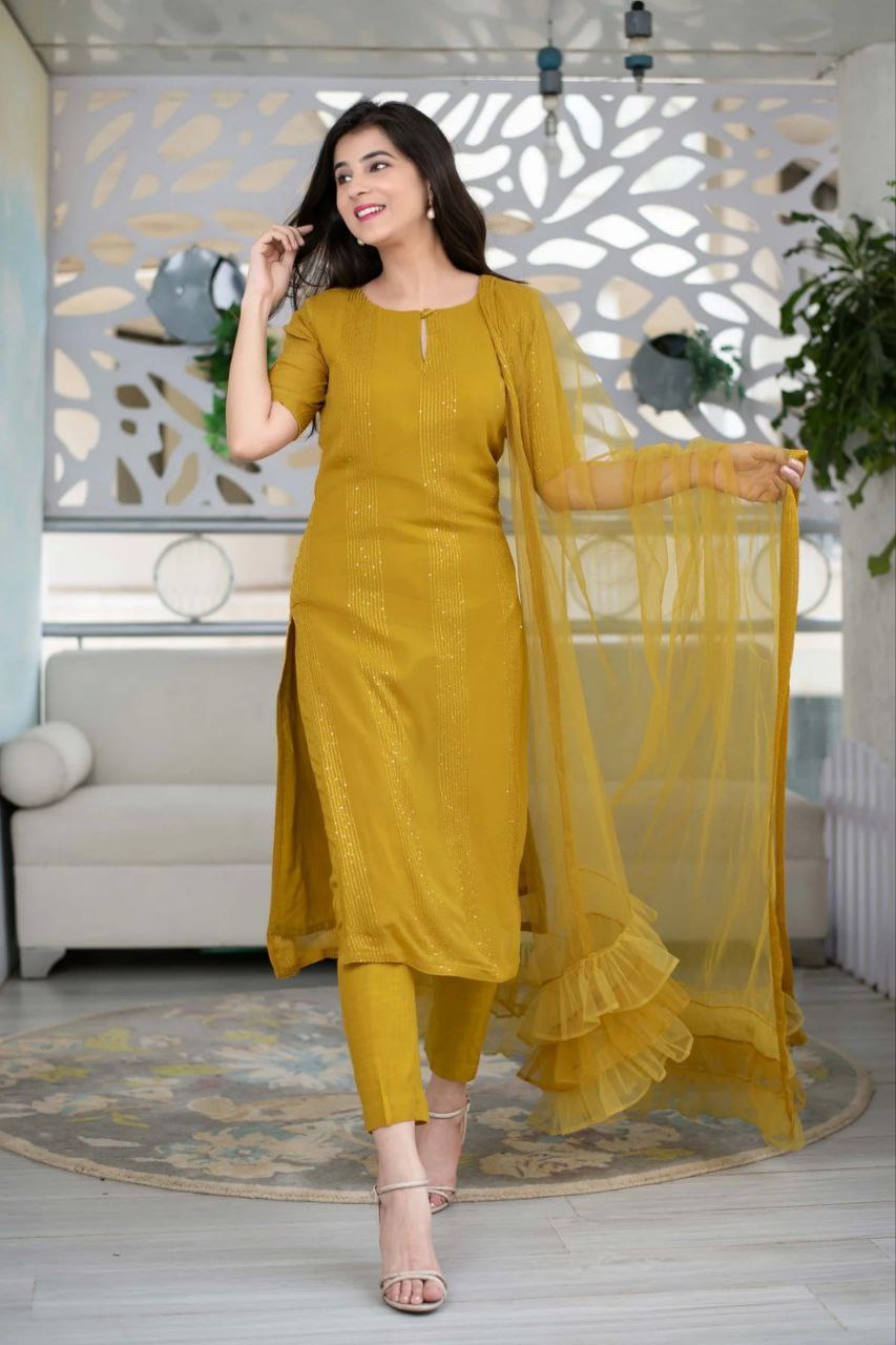 Women Georgette Sequence Work Stitched Yellow Kurta Set With Georgette Yellow Dupatta