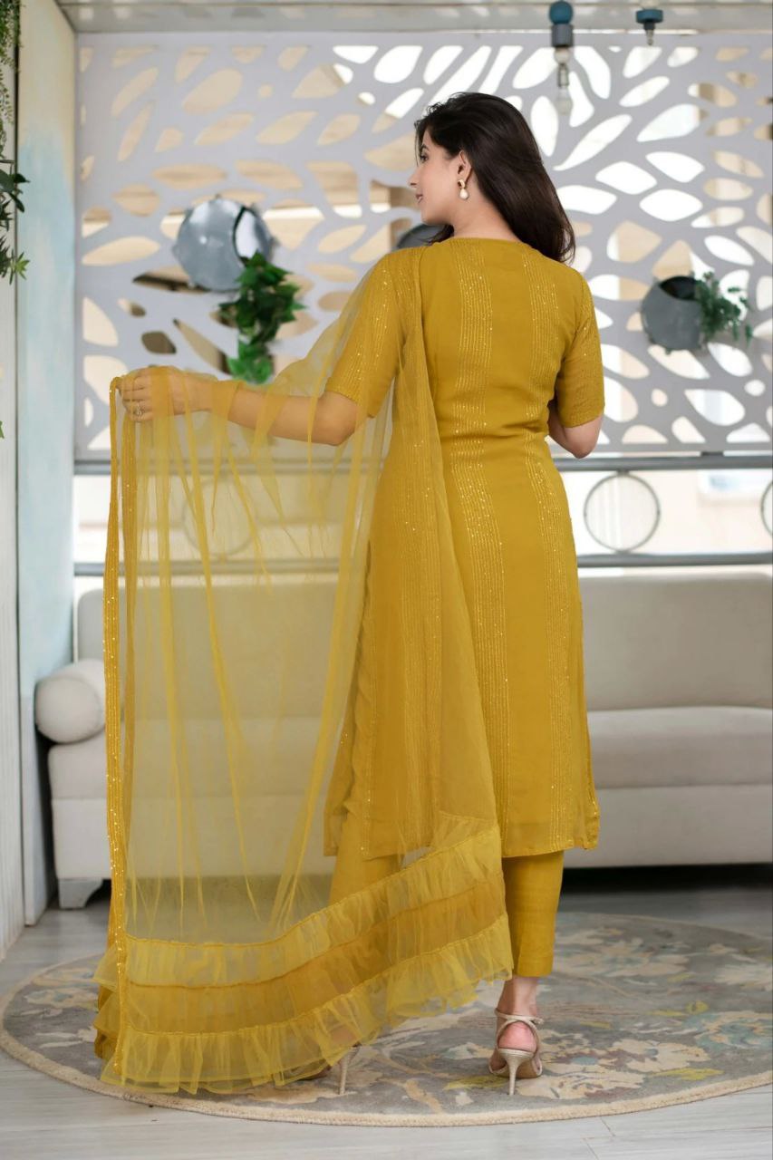 Women Georgette Sequence Work Stitched Yellow Kurta Set With Georgette Yellow Dupatta