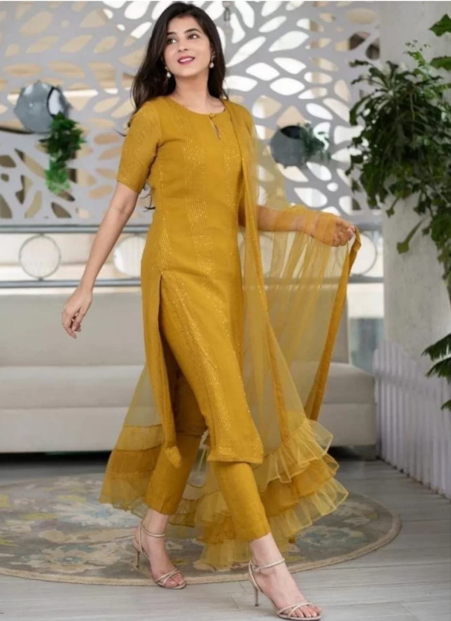 Women Georgette Sequence Work Stitched Yellow Kurta Set With Georgette Yellow Dupatta