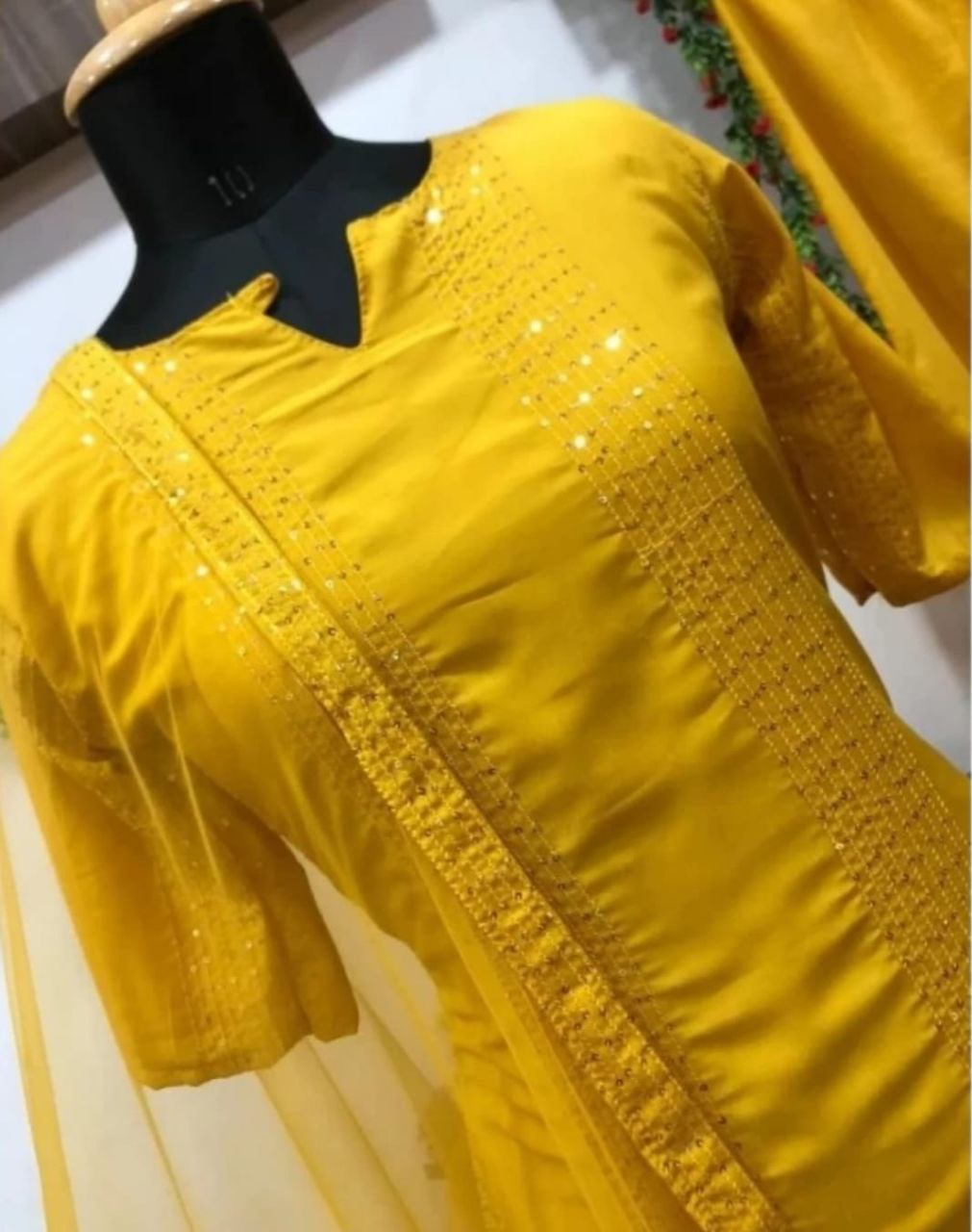 Women Georgette Sequence Work Stitched Yellow Kurta Set With Georgette Yellow Dupatta