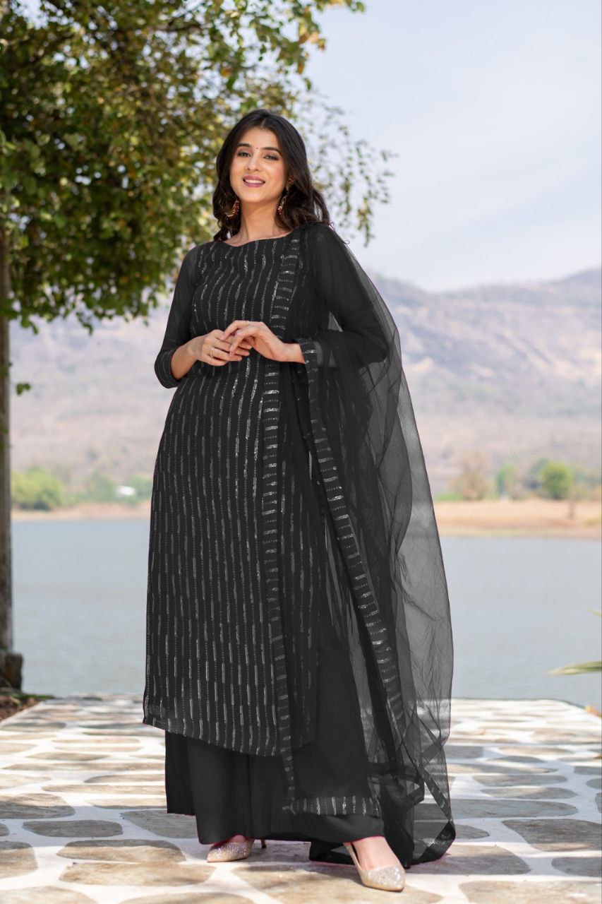 Women's Georgette Embroidery Work Black Kurta Set With Georgette Black Dupatta