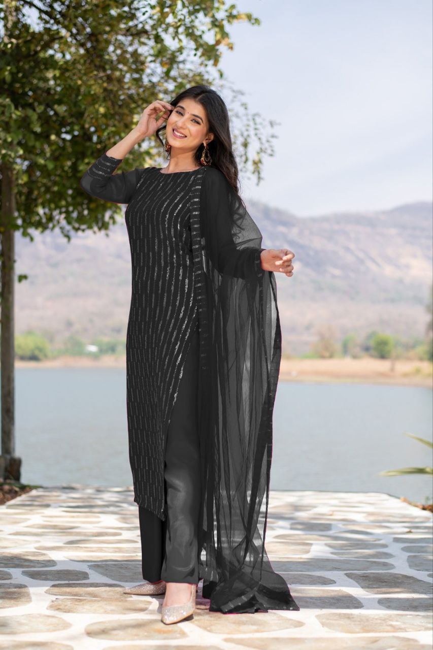 Women's Georgette Embroidery Work Black Kurta Set With Georgette Black Dupatta