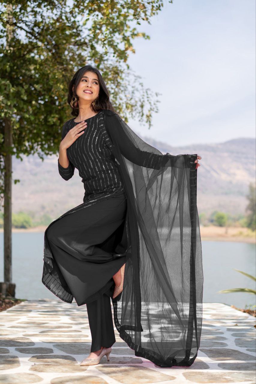 Women's Georgette Embroidery Work Black Kurta Set With Georgette Black Dupatta