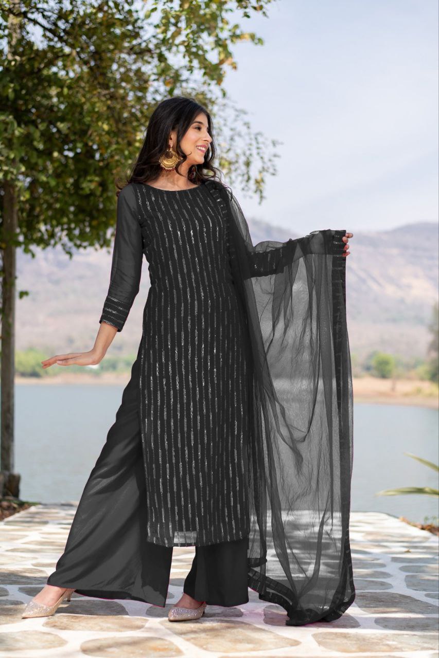 Women's Georgette Embroidery Work Black Kurta Set With Georgette Black Dupatta