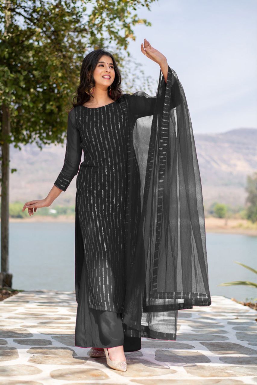 Women's Georgette Embroidery Work Black Kurta Set With Georgette Black Dupatta