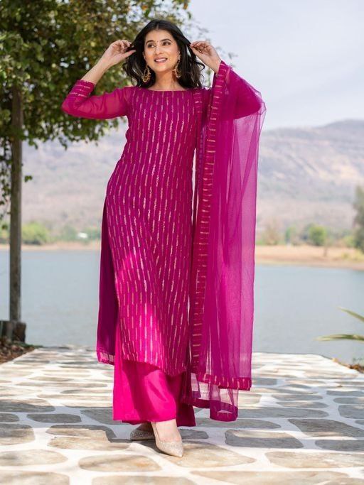 Women Georgette Stripped Work Stitched Pink Kurta Set With Georgette Pink Dupatta