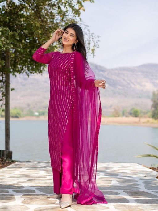 Women Georgette Stripped Work Stitched Pink Kurta Set With Georgette Pink Dupatta