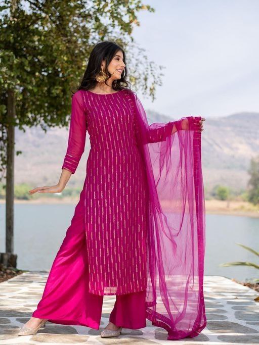 Women Georgette Stripped Work Stitched Pink Kurta Set With Georgette Pink Dupatta