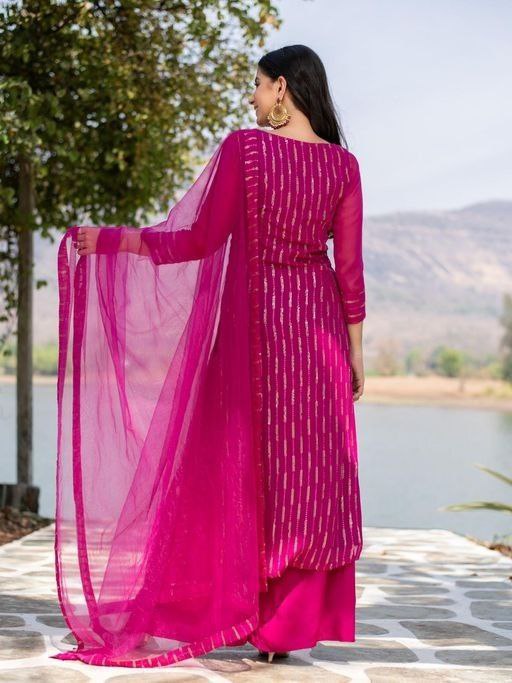 Women Georgette Stripped Work Stitched Pink Kurta Set With Georgette Pink Dupatta