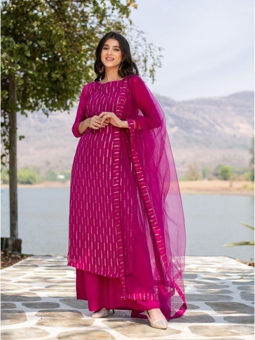 Women Georgette Stripped Work Stitched Pink Kurta Set With Georgette Pink Dupatta